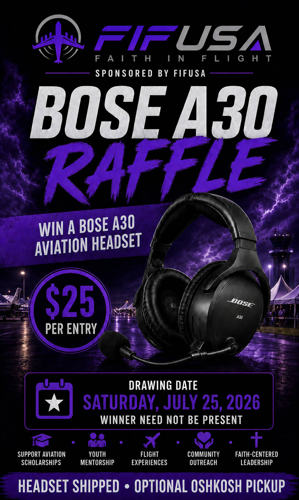 FIFUSA Bose A30 aviation headset raffle; $25 per entry